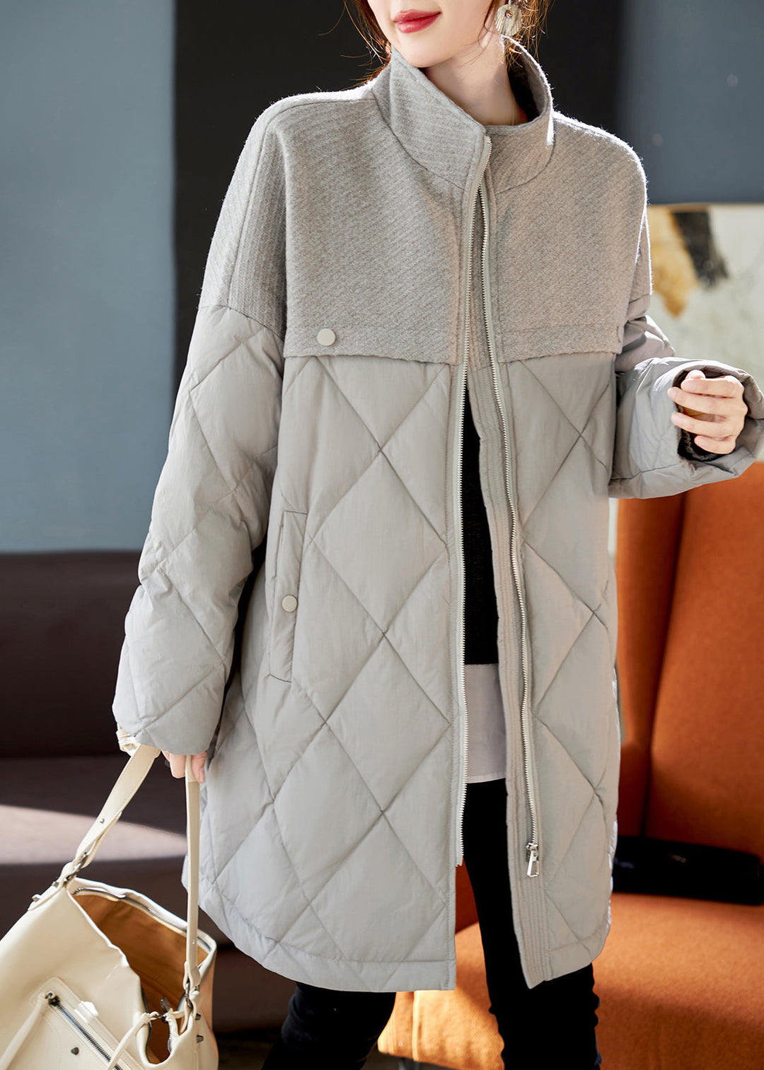 Elegant Grey Woolen Patchwork Duck Down Down Coat Winter