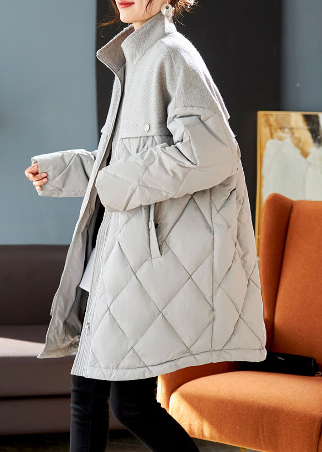 Elegant Grey Woolen Patchwork Duck Down Down Coat Winter