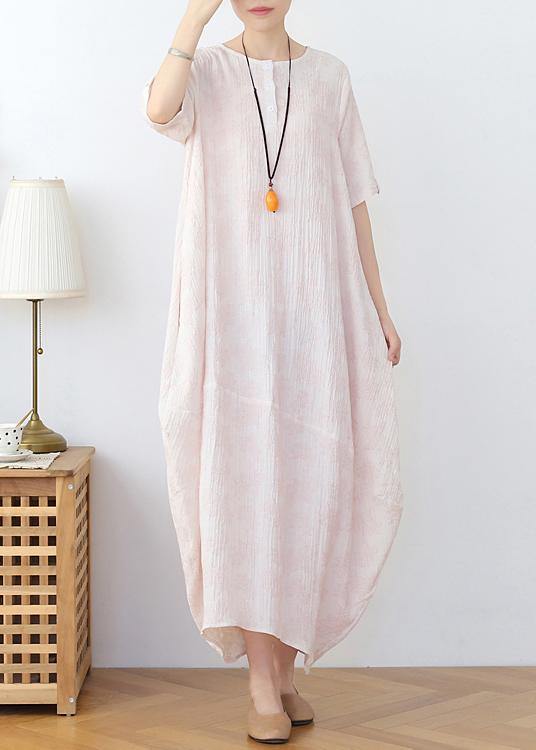 Elegant Iight Pink Floral Linen Summer Dress - Omychic