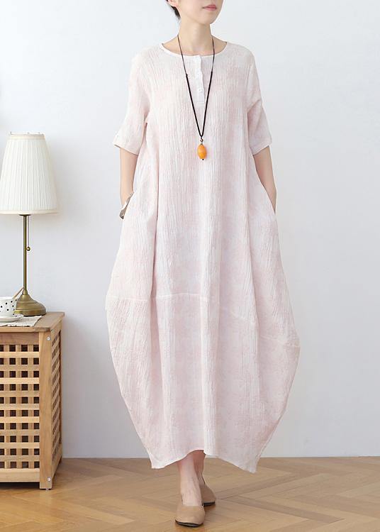 Elegant Iight Pink Floral Linen Summer Dress - Omychic