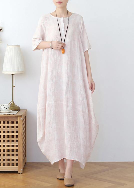 Elegant Iight Pink Floral Linen Summer Dress - Omychic