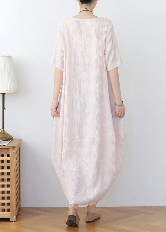 Elegant Iight Pink Floral Linen Summer Dress - Omychic