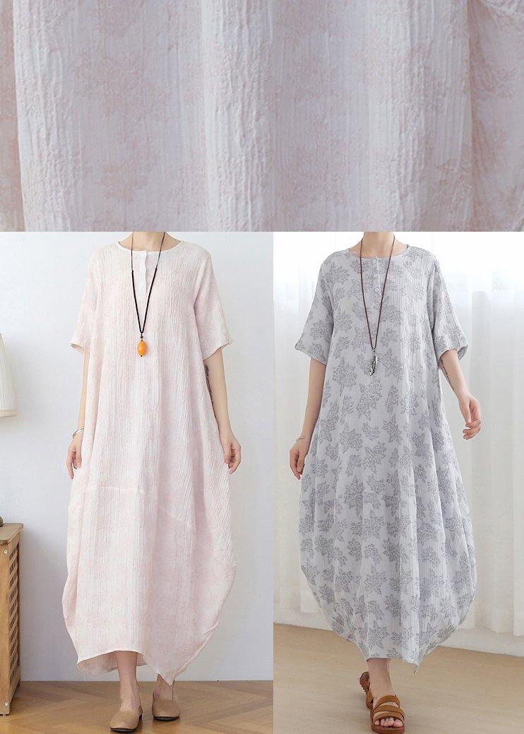 Elegant Iight Pink Floral Linen Summer Dress - Omychic