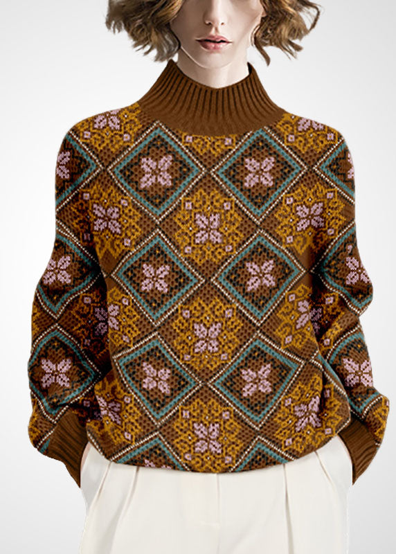 Elegant Khaki High Neck Thick Print Wool Sweaters Winter