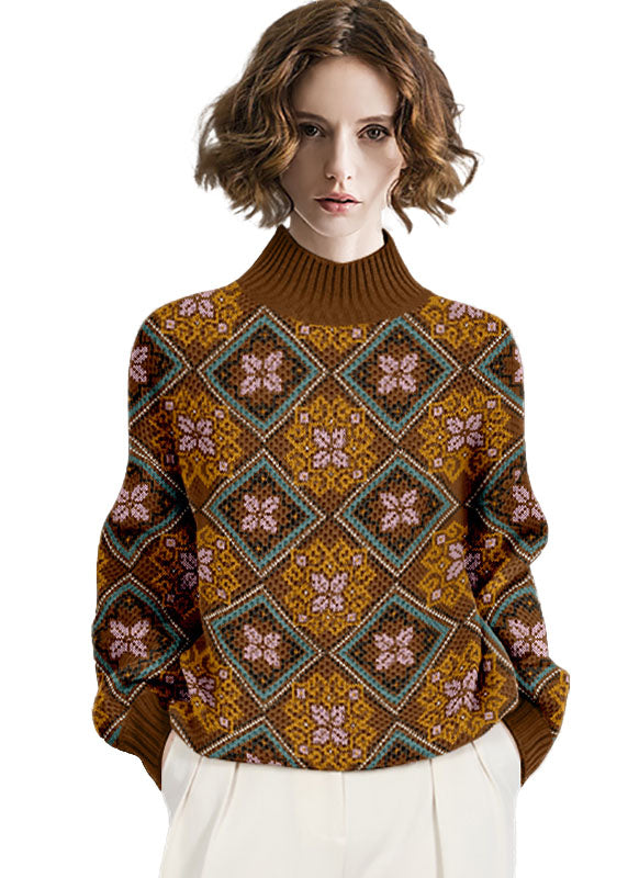 Elegant Khaki High Neck Thick Print Wool Sweaters Winter