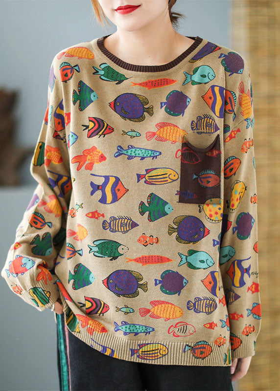Elegant Khaki O-Neck Oversized Print Knit Sweater Tops Winter - Omychic