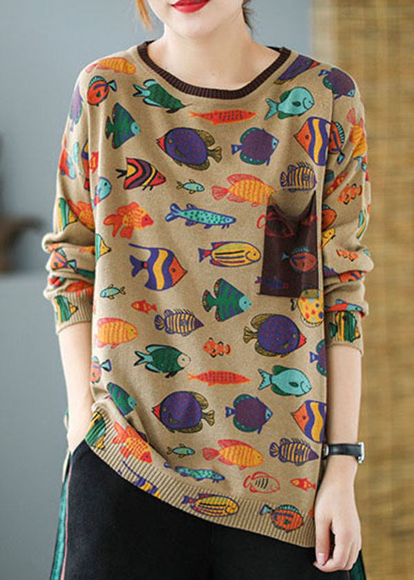 Elegant Khaki O-Neck Oversized Print Knit Sweater Tops Winter - Omychic
