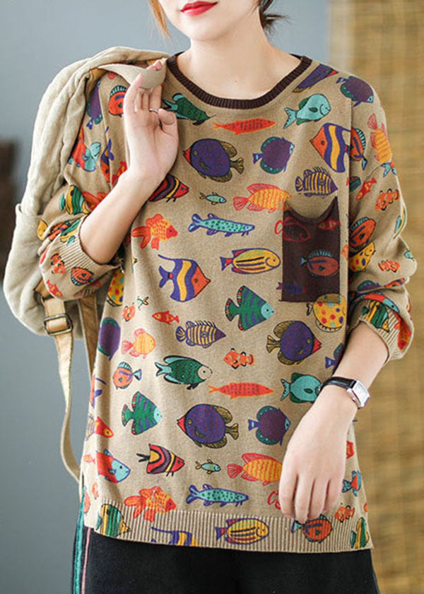 Elegant Khaki O-Neck Oversized Print Knit Sweater Tops Winter - Omychic