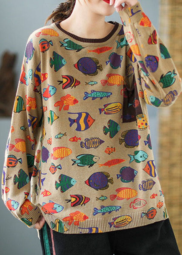 Elegant Khaki O-Neck Oversized Print Knit Sweater Tops Winter - Omychic