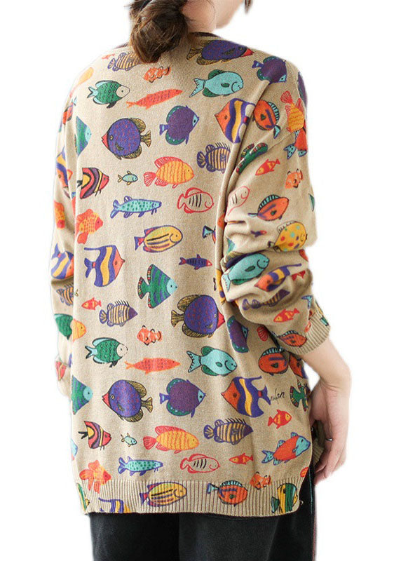 Elegant Khaki O-Neck Oversized Print Knit Sweater Tops Winter - Omychic