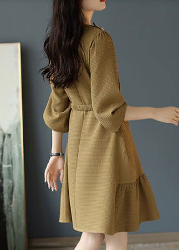 Elegant Khaki O Neck Sashes Cotton Mid Dress Long Sleeve