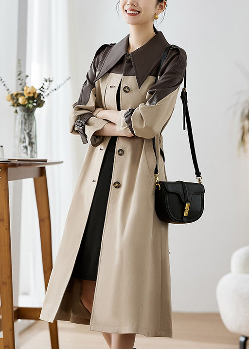 Elegant Khaki Peter Pan Collar Pockets Patchwork Faux Leather Trench Fall