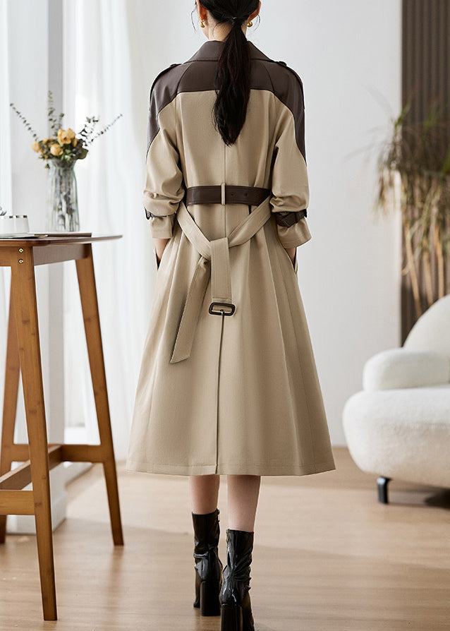 Elegant Khaki Peter Pan Collar Pockets Patchwork Faux Leather Trench Fall