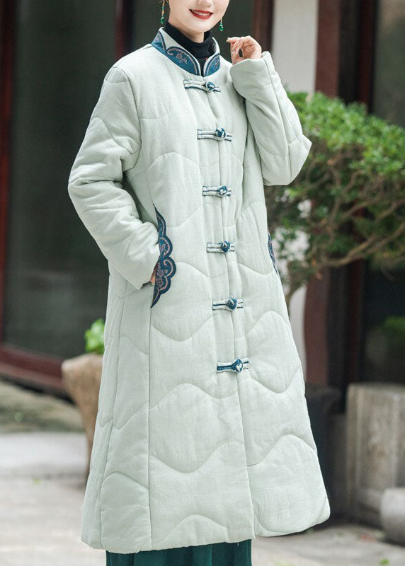 Elegant Khaki Stand Collar Embroideried Lengthen Fine Cotton Filled Witner Coat