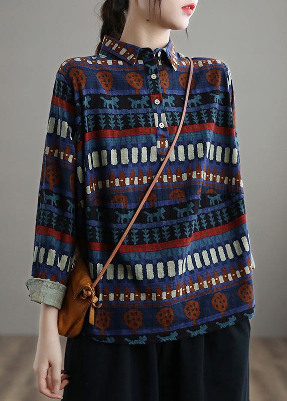 Elegant Lapel SpringTop Work Blue Ethnic Style Shirt - Omychic