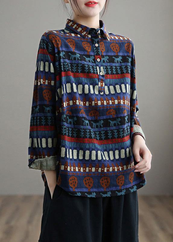 Elegant Lapel SpringTop Work Blue Ethnic Style Shirt - Omychic