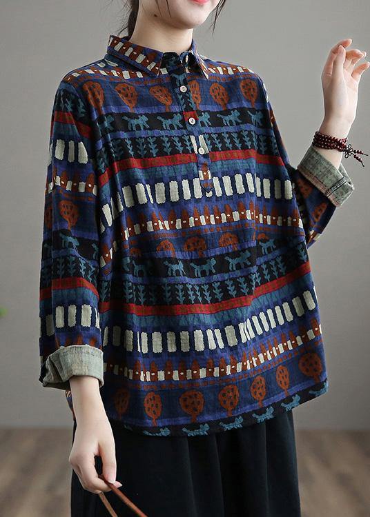 Elegant Lapel SpringTop Work Blue Ethnic Style Shirt - Omychic