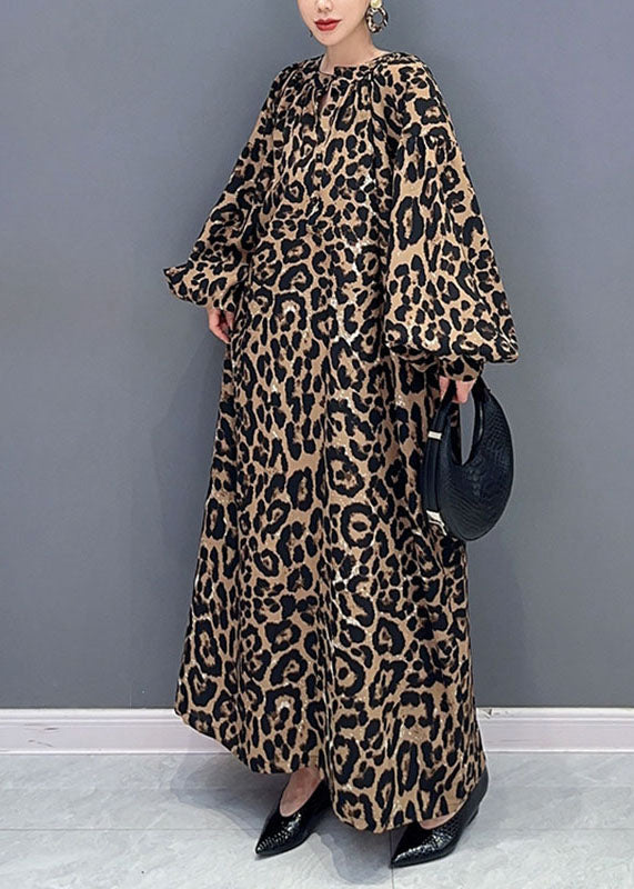 Elegant Leopard Print O-Neck Long Dress Long Sleeve