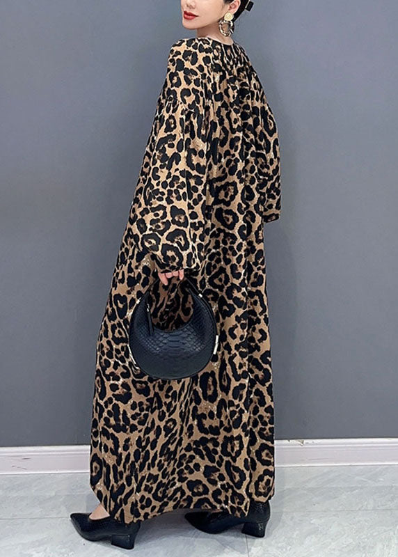 Elegant Leopard Print O-Neck Long Dress Long Sleeve