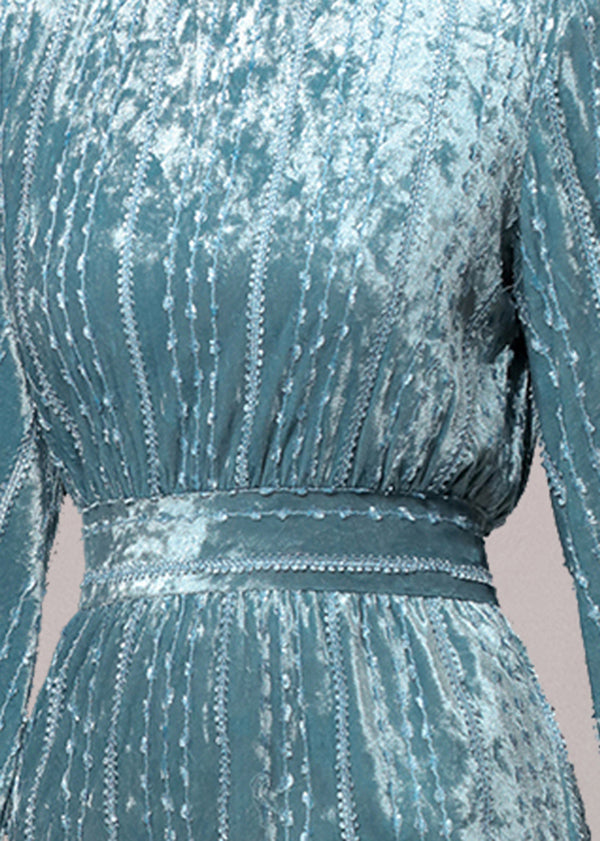 Elegant Light Blue Stand Collar Ruffled Patchwork Velour Dress Fall