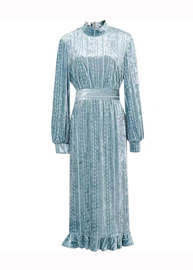 Elegant Light Blue Stand Collar Ruffled Patchwork Velour Dress Fall