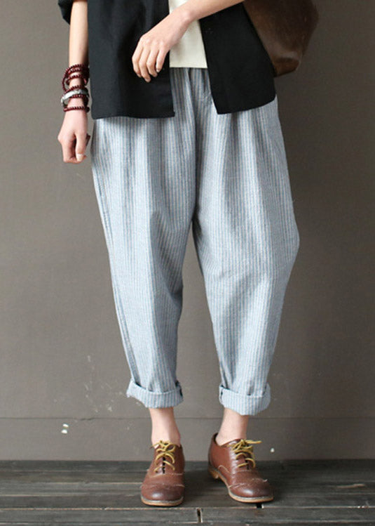 Elegant Light Blue Striped Elastic Waist Linen Harem Pants Spring