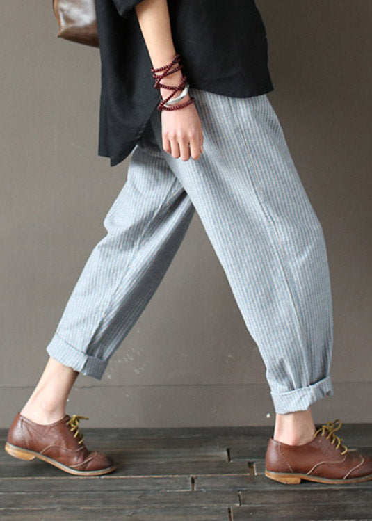 Elegant Light Blue Striped Elastic Waist Linen Harem Pants Spring
