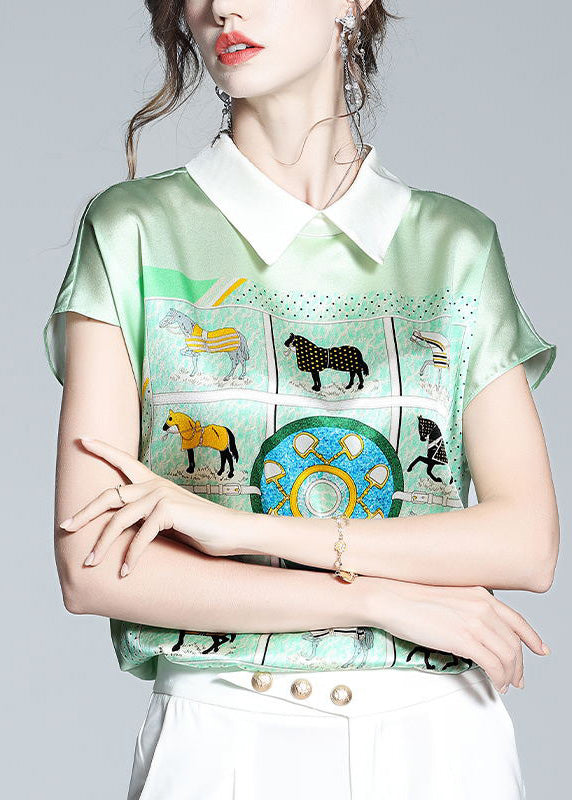 Elegant Light Green Peter Pan Collar Print Silk T Shirts Short Sleeve