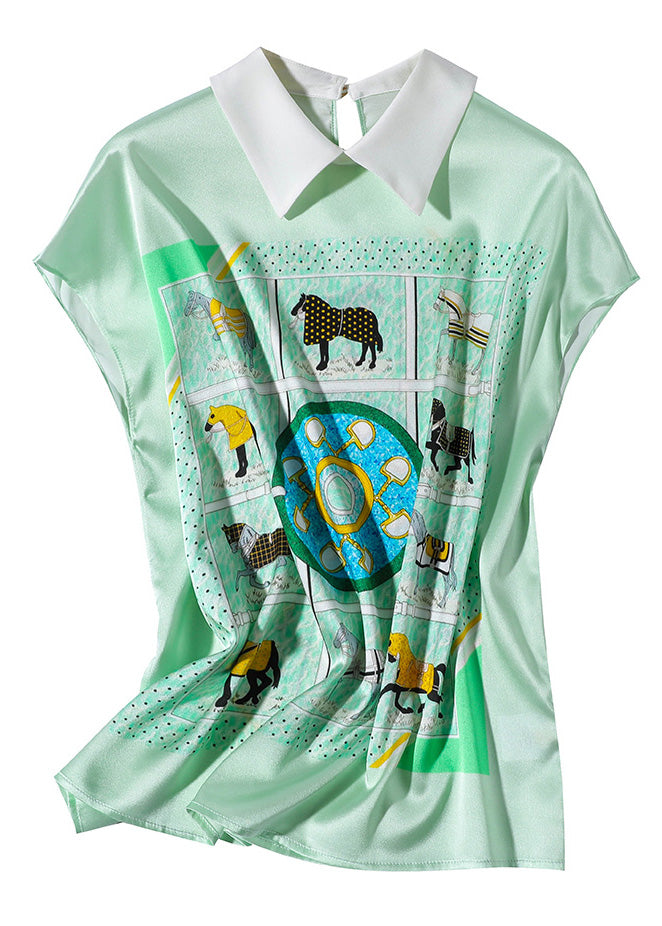 Elegant Light Green Peter Pan Collar Print Silk T Shirts Short Sleeve