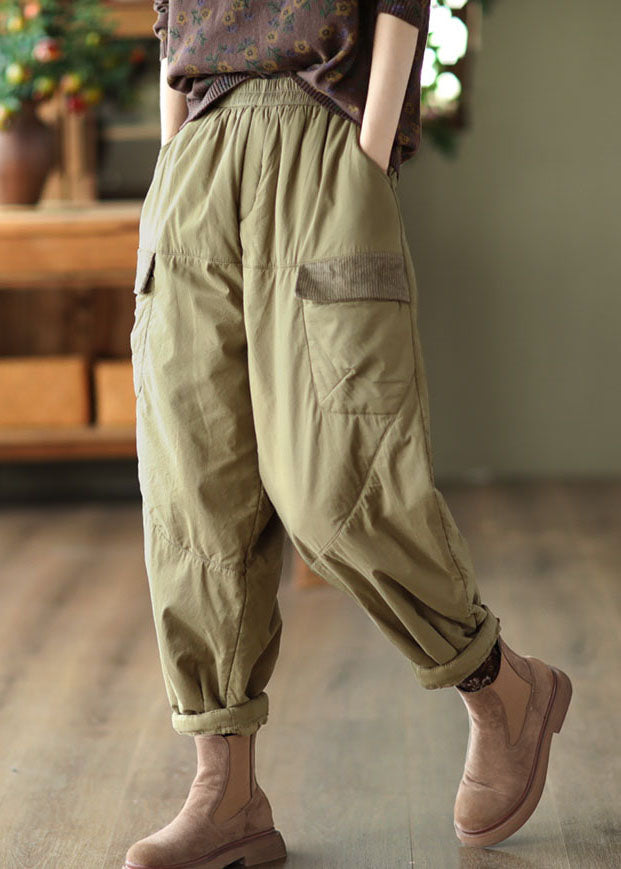 Elegant Light Green Pockets Patchwork Fleece Harem Pants