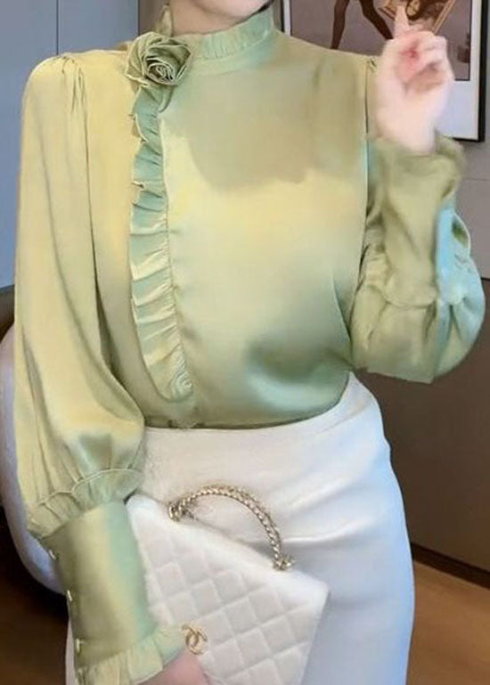 Elegant Light Green Ruffled Patchwork Chiffon Shirt Spring