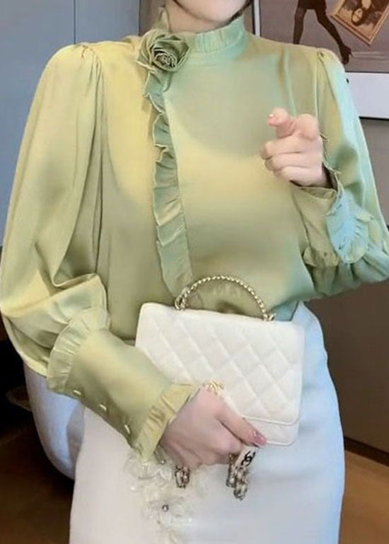Elegant Light Green Ruffled Patchwork Chiffon Shirt Spring
