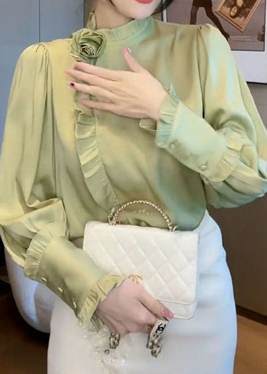 Elegant Light Green Ruffled Patchwork Chiffon Shirt Spring