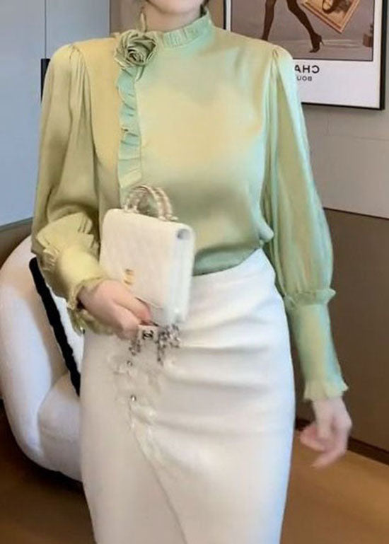 Elegant Light Green Ruffled Patchwork Chiffon Shirt Spring