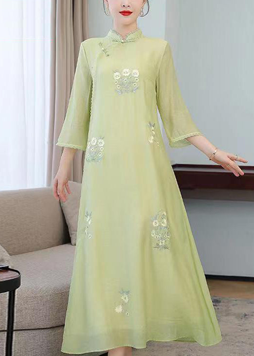 Elegant Light Green Stand Collar Embroideried Silk Long Dresses Half Sleeve