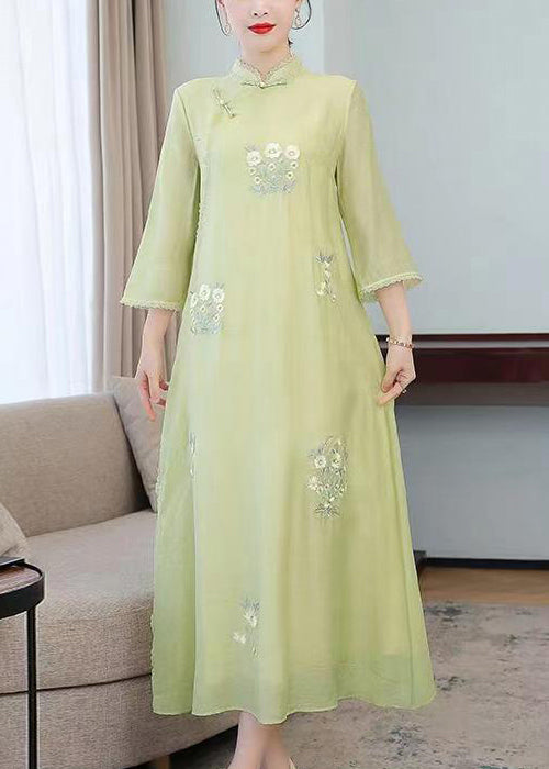 Elegant Light Green Stand Collar Embroideried Silk Long Dresses Half Sleeve