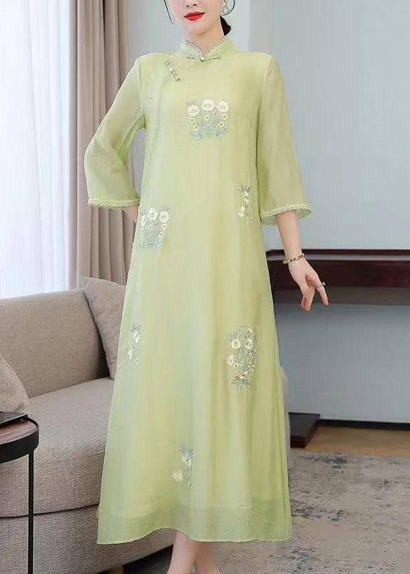 Elegant Light Green Stand Collar Embroideried Silk Long Dresses Half Sleeve