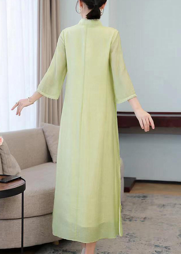 Elegant Light Green Stand Collar Embroideried Silk Long Dresses Half Sleeve