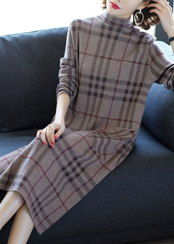 Elegant Light Grey Stand Collar Plaid Pockets Knitted Dress Winter