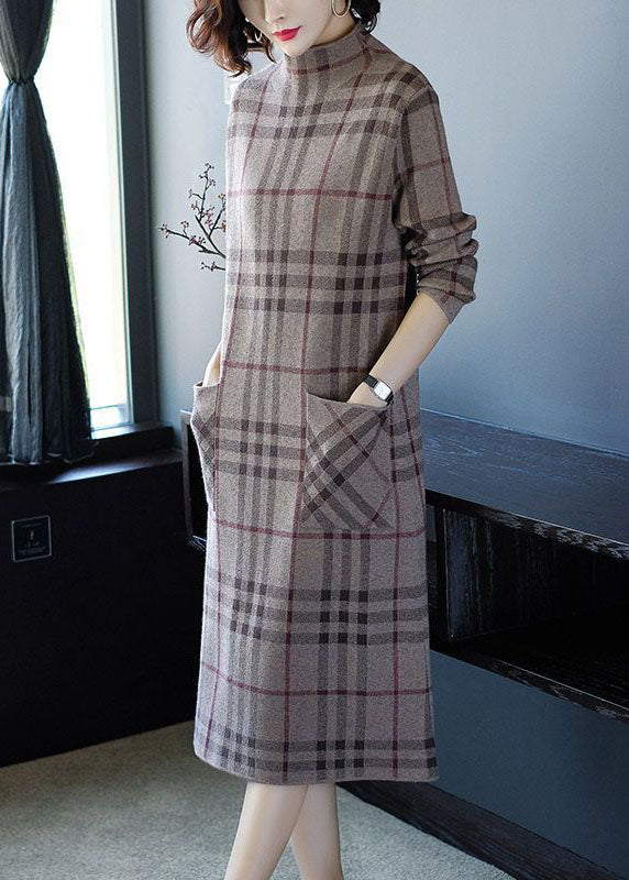 Elegant Light Grey Stand Collar Plaid Pockets Knitted Dress Winter