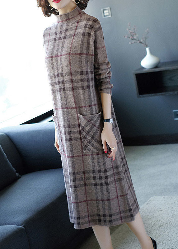 Elegant Light Grey Stand Collar Plaid Pockets Knitted Dress Winter