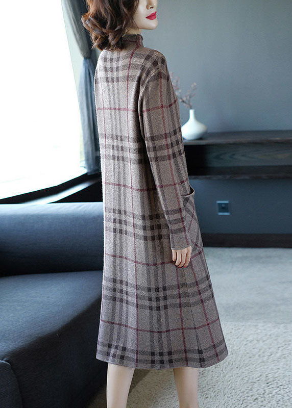 Elegant Light Grey Stand Collar Plaid Pockets Knitted Dress Winter