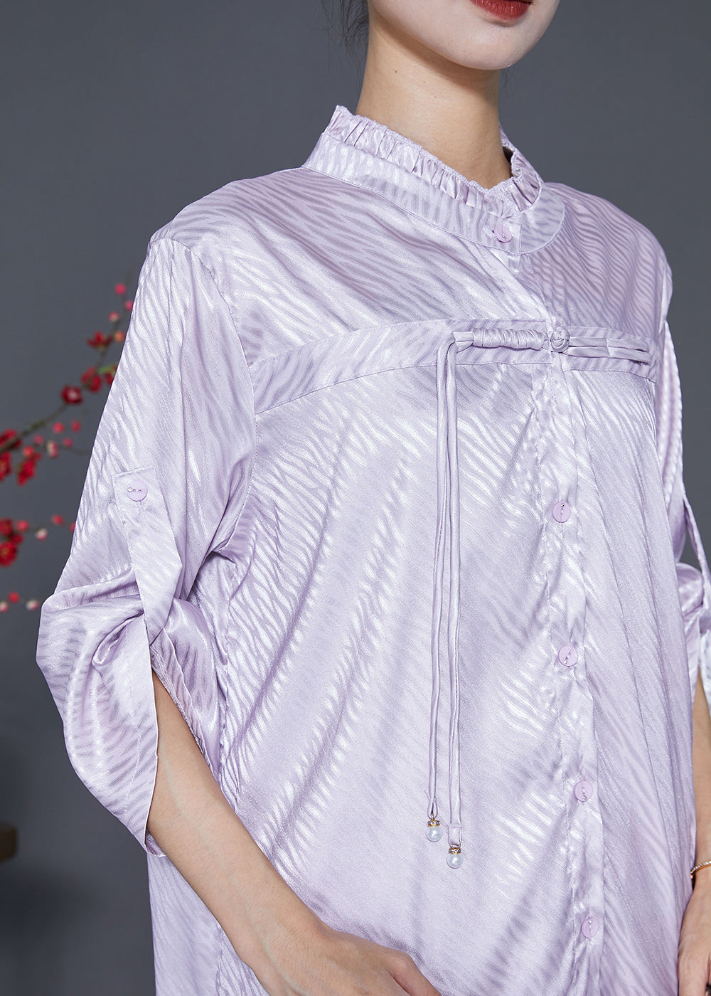 Elegant Light Purple Ruffled Tasseled Silk Two Pieces Set Fall
