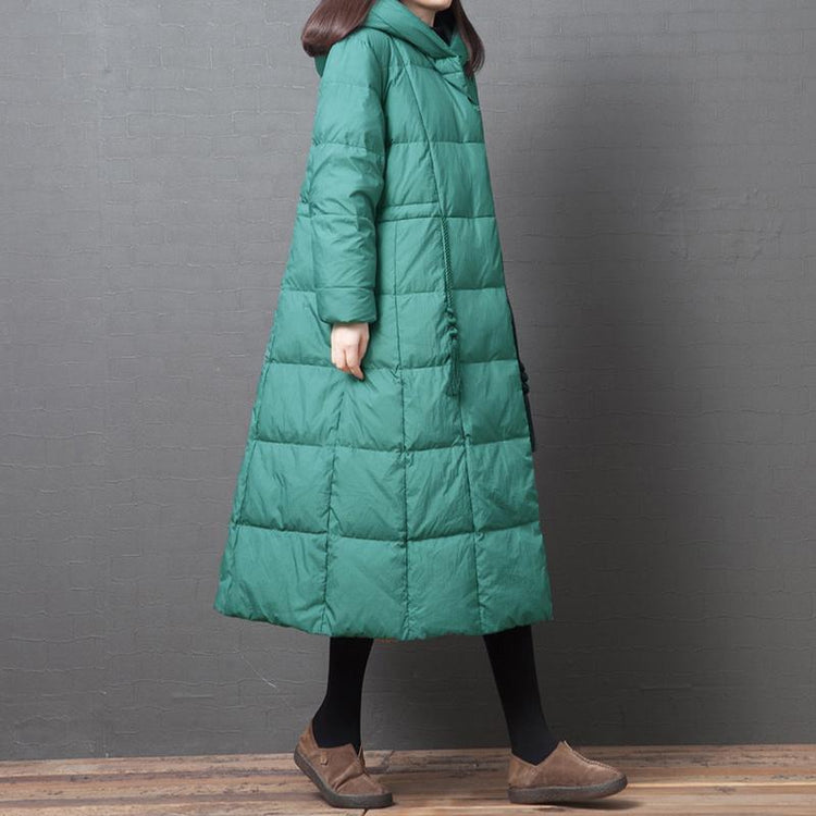 Elegant Loose fitting down jacket winter outwear green hooded pockets warm coat - Omychic