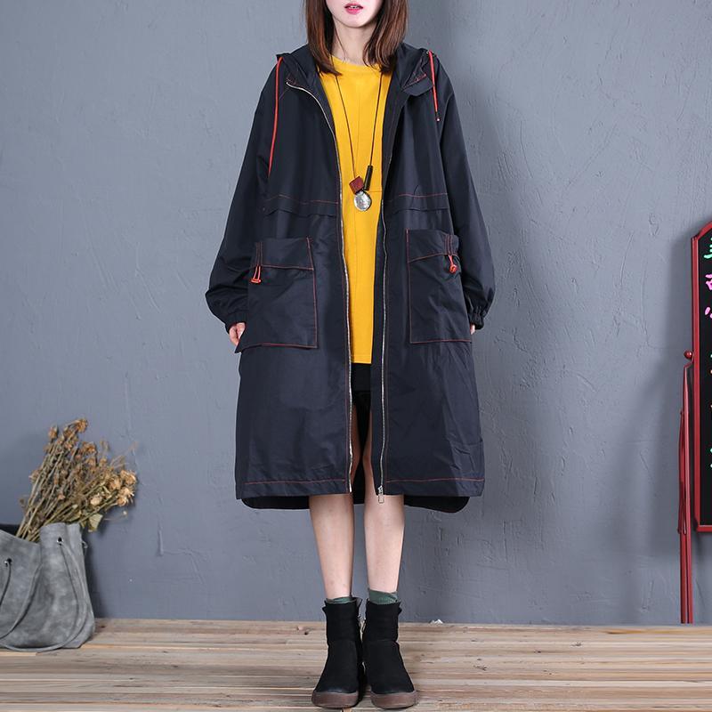 Elegant Loose fitting long jackets fall jacket black side open hooded Coat Women - Omychic