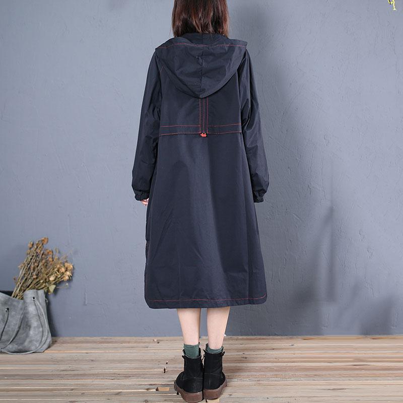 Elegant Loose fitting long jackets fall jacket black side open hooded Coat Women - Omychic