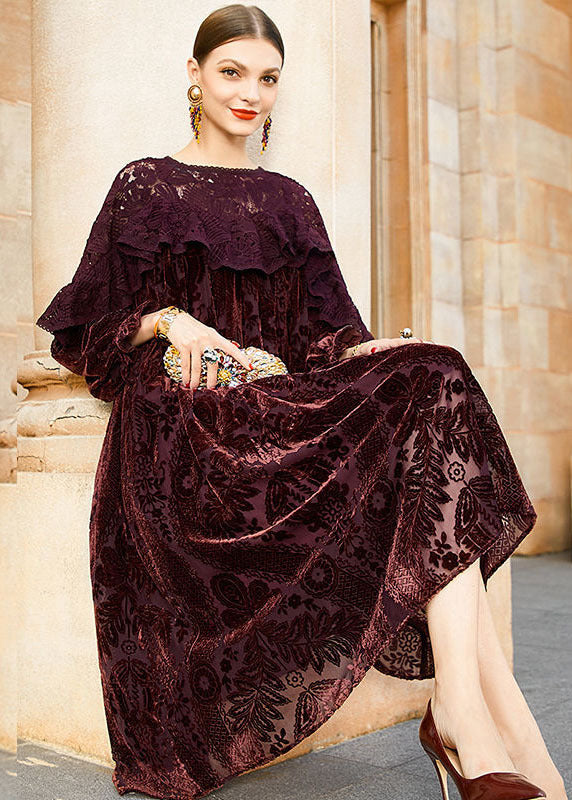 Elegant Mulberry Ruffles Patchwork Silk Velour Original Design Dress Long Sleeve