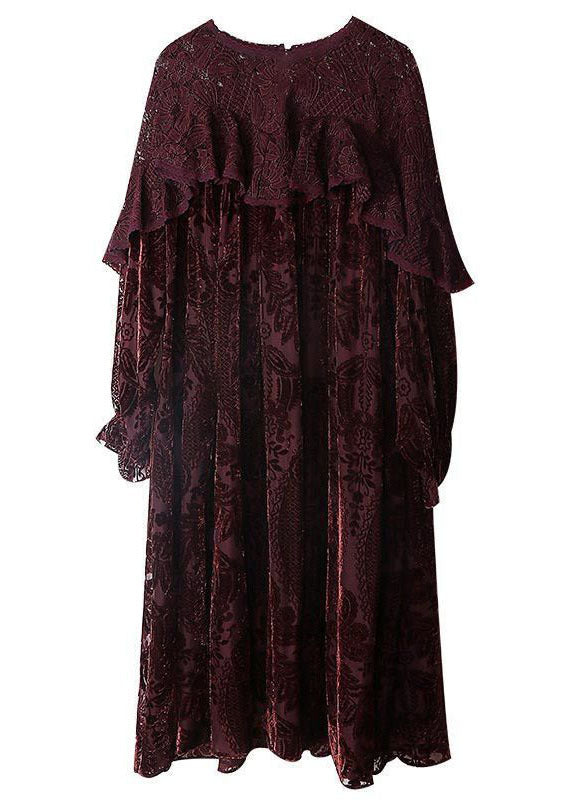 Elegant Mulberry Ruffles Patchwork Silk Velour Original Design Dress Long Sleeve