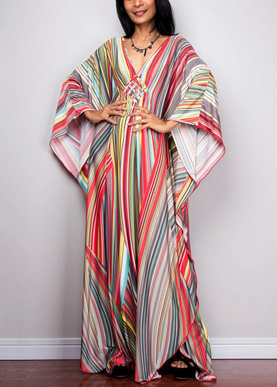 Elegant Multicolor Striped V Neck Beach Long Dress Long Sleeve