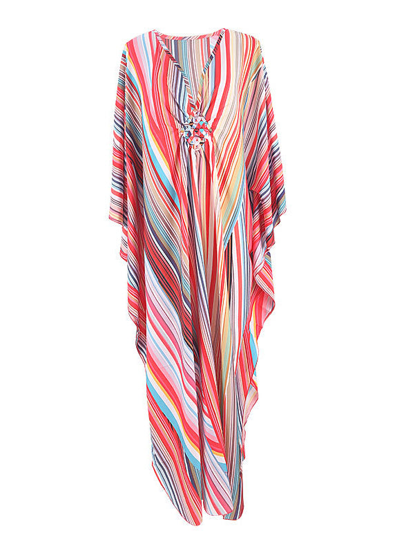 Elegant Multicolor Striped V Neck Beach Long Dress Long Sleeve